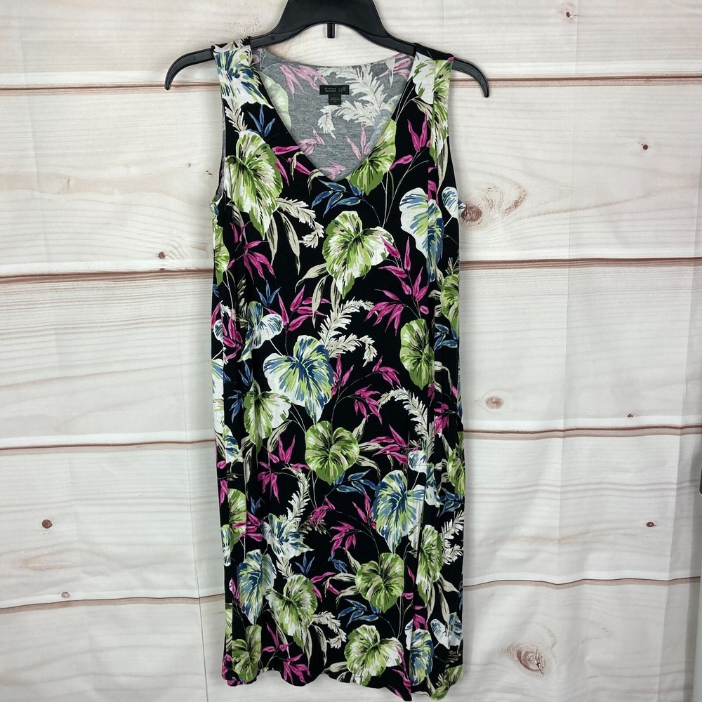 J. Jill Wearever Dress Womens XS Black Floral Tank Sleeveless V-Neck Jersey Knit